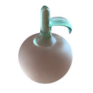 Vintage HandBlown Art Glass Pink Peach Frosted Apple Green Stem Leaf Paperweight